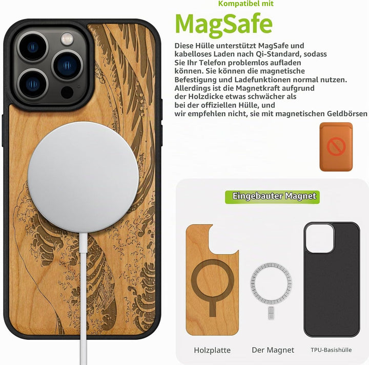 Carveit Handyhülle für iPhone 15 Pro Max Cover Kompatibel mit Magsafe [Holz und TPU Silikon Hybrid h