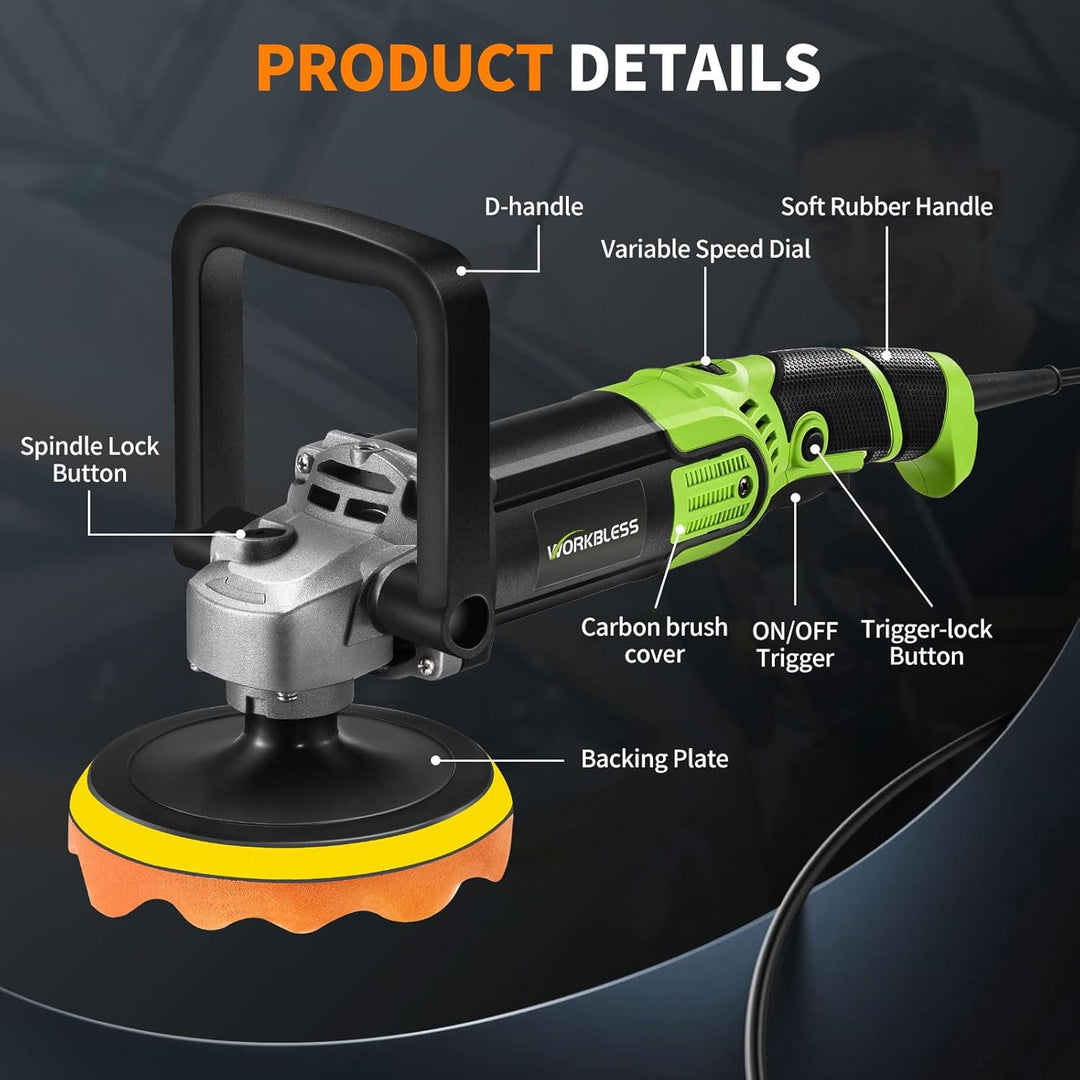 WORKBLESS Poliermaschine Auto, 1600W, 7 Variable Geschwindigkeit, 1600-3500 U/min, Autopolitur Set m