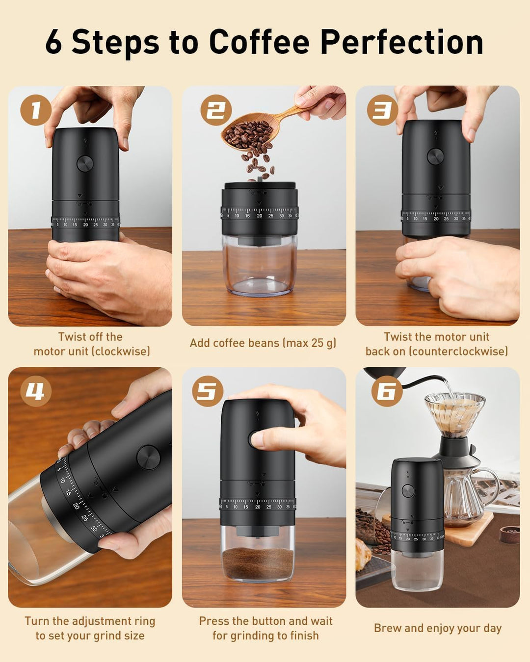 Pawfly Wiederaufladbare Kaffeemühle 40 stufig Keramikkegelmahlwerk mit Auto-Stop & Reinigungsbürste