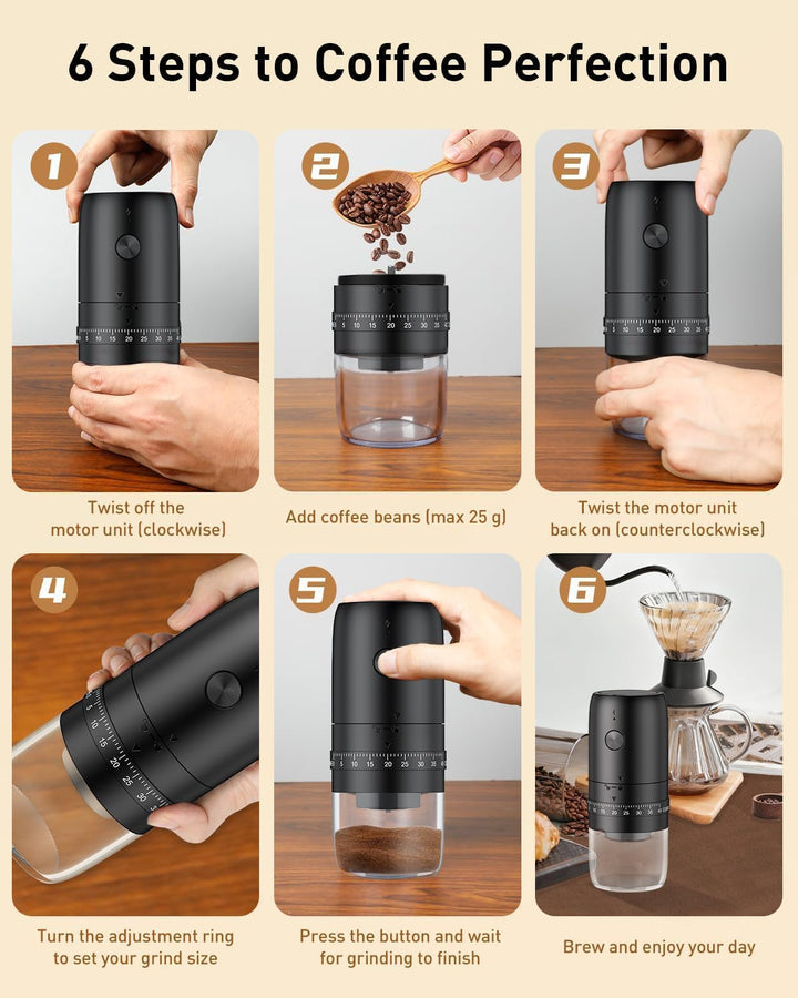 Pawfly Wiederaufladbare Kaffeemühle 40 stufig Keramikkegelmahlwerk mit Auto-Stop & Reinigungsbürste