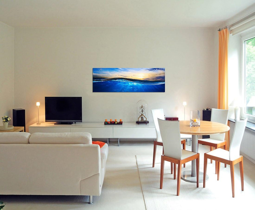 Paul Sinus Art Panoramabild auf Leinwand und Keilrahmen 150x50cm Wasser Welle Sonnenuntergang Luftbl