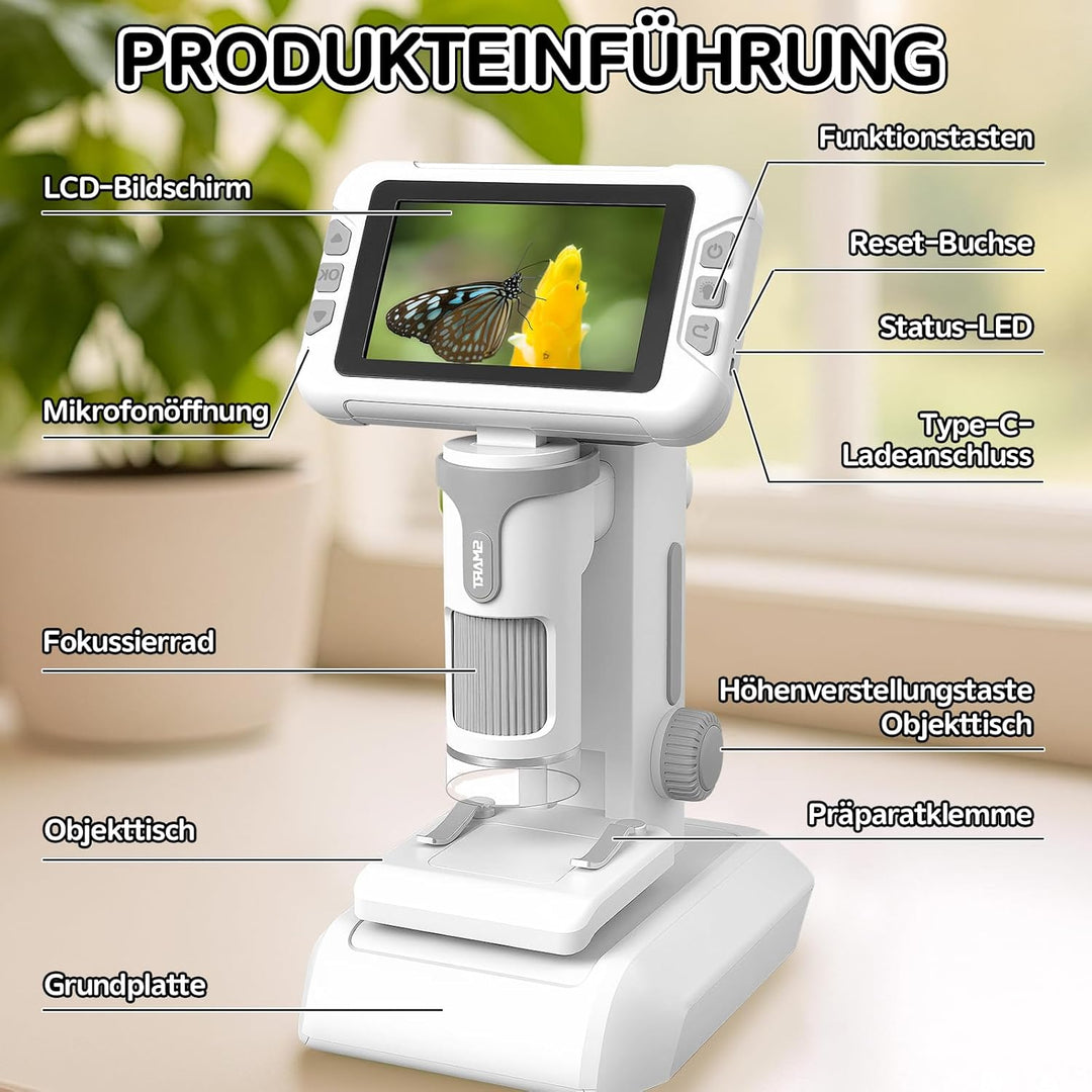 Mikroskop für Kinder, Digitales Mikroskop mit 4 Zoll LCD-Display und 1600X Grosse Vergrösserung, Mic
