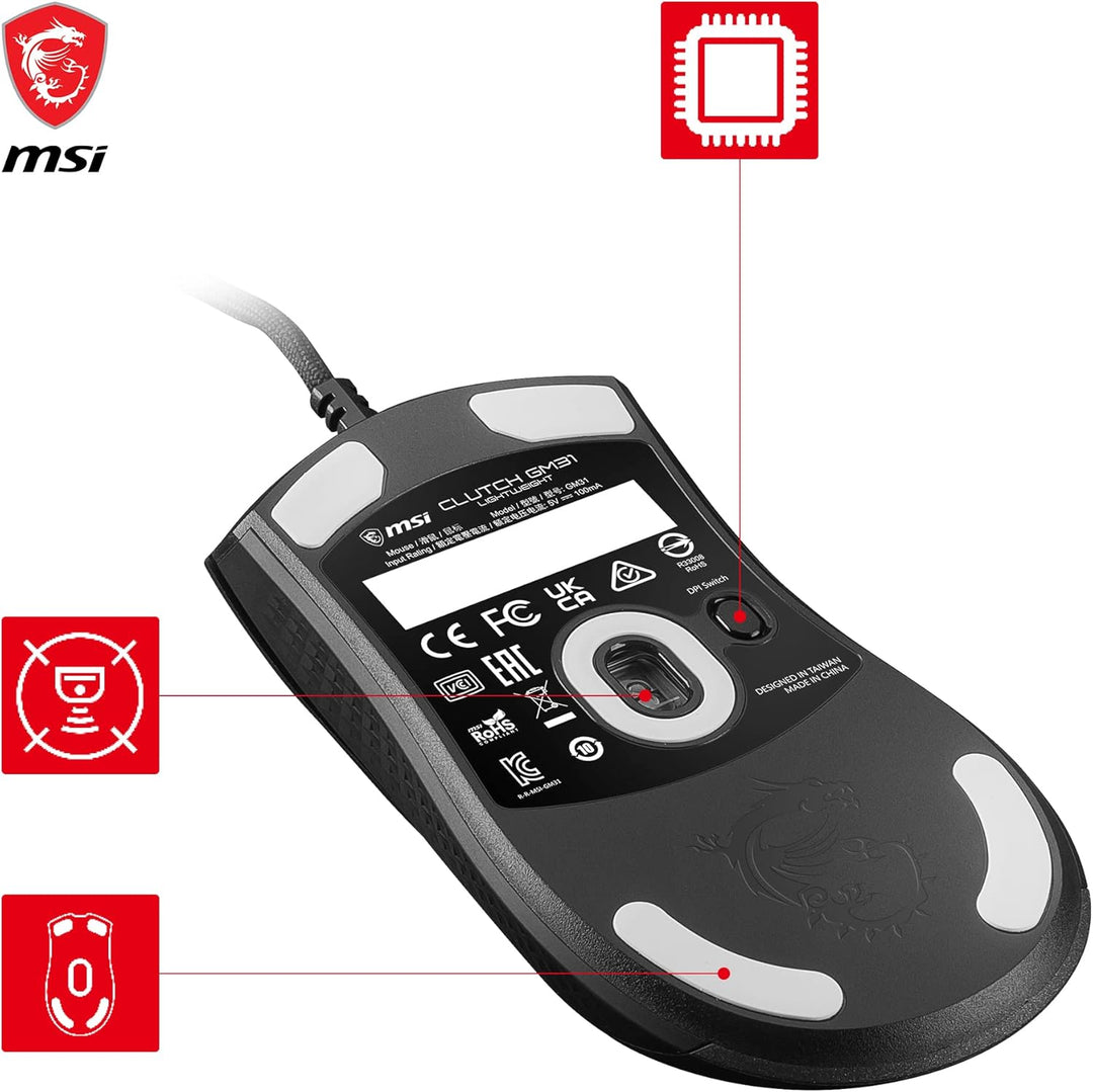 MSI Clutch GM31 Lightweight Gaming Maus - 12.000 DPI Optischer Sensor, Rechtshänder, 60M+ Click OMRO