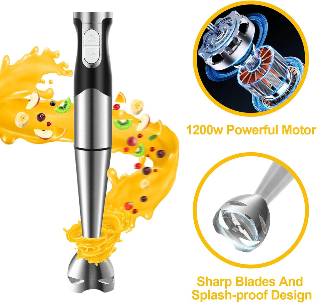 NWOUIIAY Handmixer Stabmixer Elektrischer 6-in-1 1200W Edelstahl Pürierstab mit 600ml Messbecher,Ede