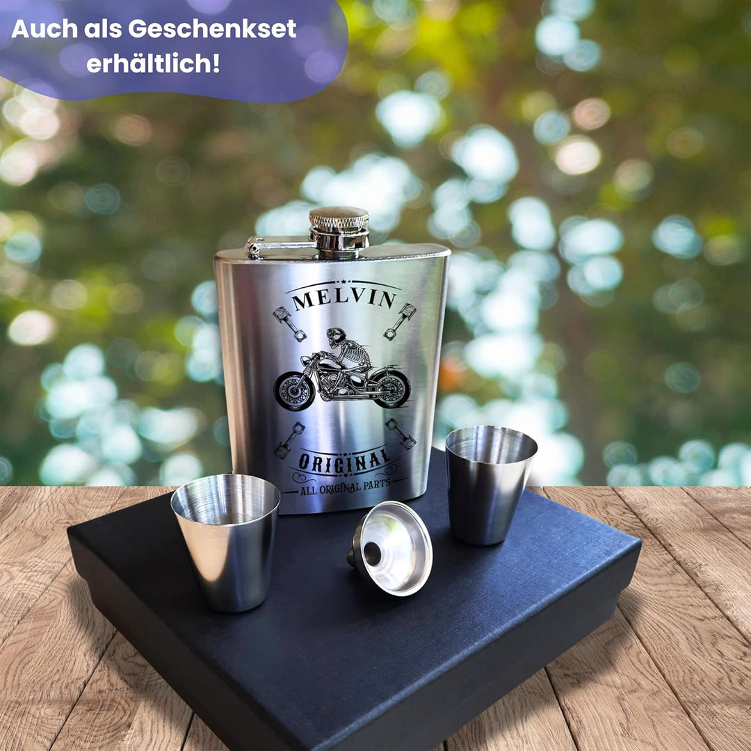 Edelstahl Flachmann mit Gravur Motorrad personalisiert mit Name 170 ml 4 Motive zur Auswahl für Moto