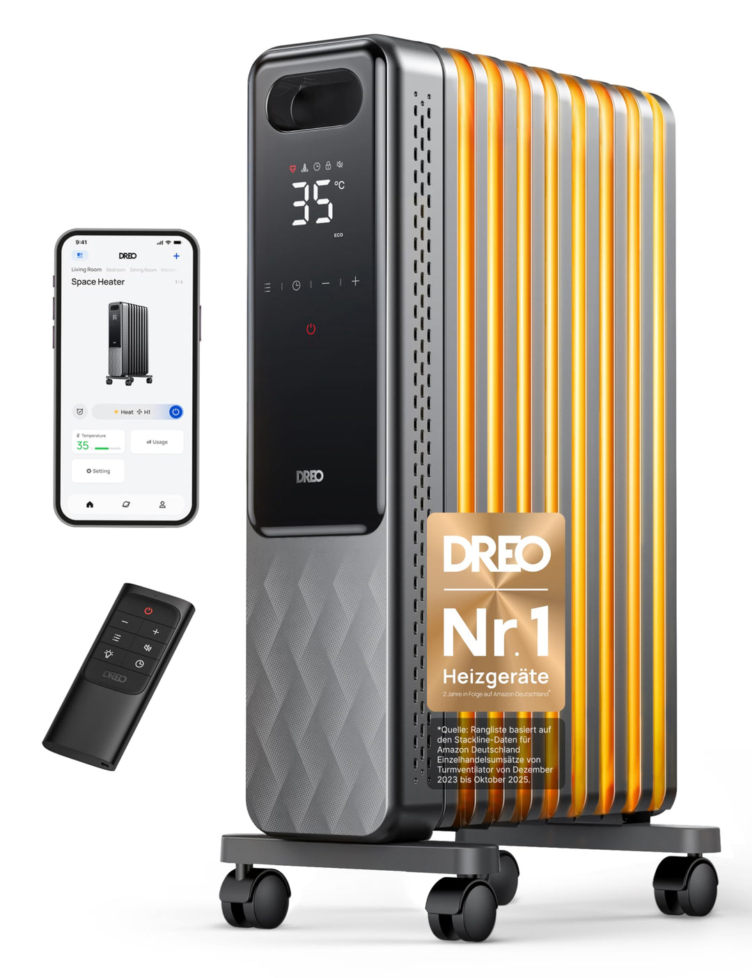 Dreo Ölradiator Energiesparend 2000W, Mobile Elektroheizung 9 Rippen mit Fernbedienung, 3 Heizstufen