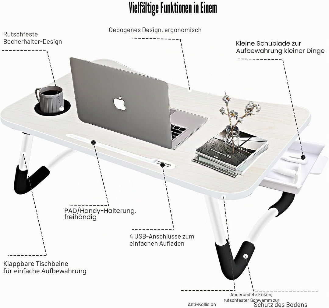 A3A ACADGQ Laptoptisch, Laptop Betttisch Klappbar, Notebook Tisch mit 4 USB-Ladeanschluss, Schublade