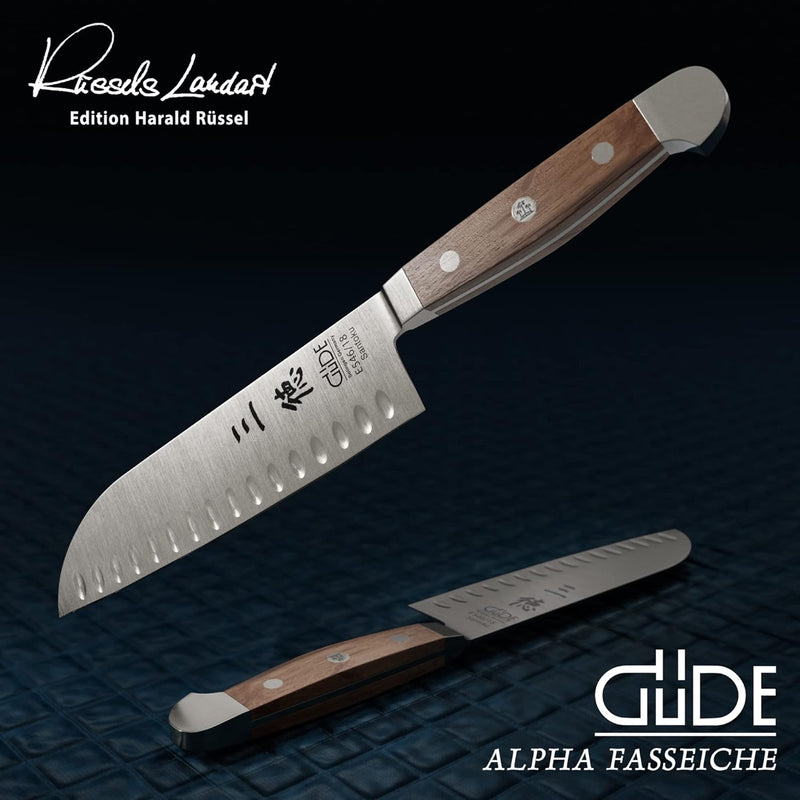 GÜDE Solingen - Santoku Messer mit Kulle geschmiedet, 18 cm, Fasseichenholz, ALPHA FASSEICHE, Doppel