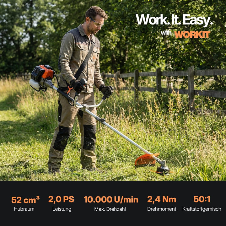 WORKIT 52 cm³ Motorsense Benzin 2 PS, 3-in-1 Freischneider Benzin & Rasentrimmer Benzin Set, inkl. U