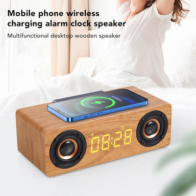 Tbest Digitaler Holzwecker, Holz-Bluetooth-Lautsprecher, Wecker mit FM-Radio, Kabelloses Handy-Ladeg