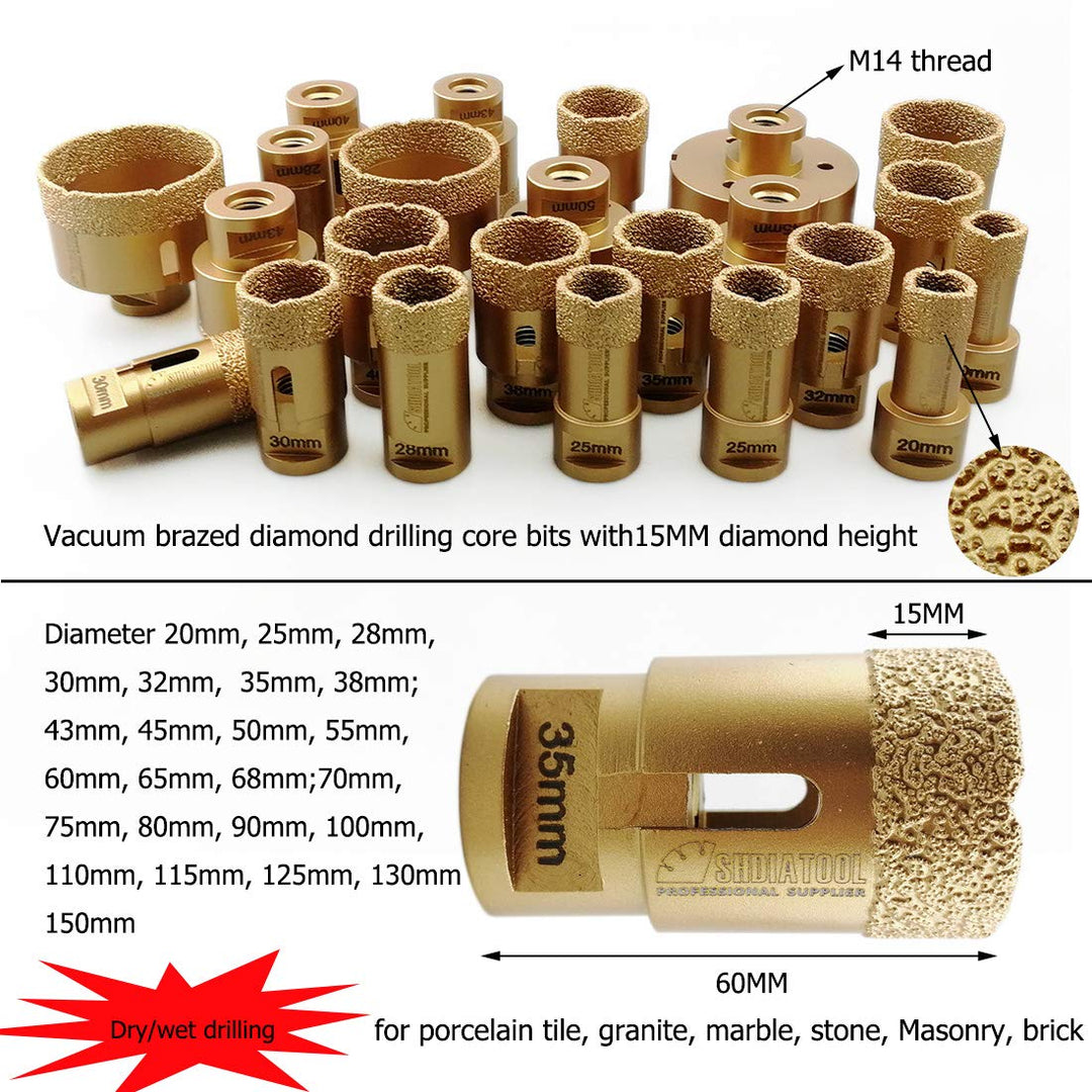 SHDIATOOL 1PK Golden Dry Diamond Drill Core Bit Vacuum Brazed Drilling Porcelain Tile Granite Marble