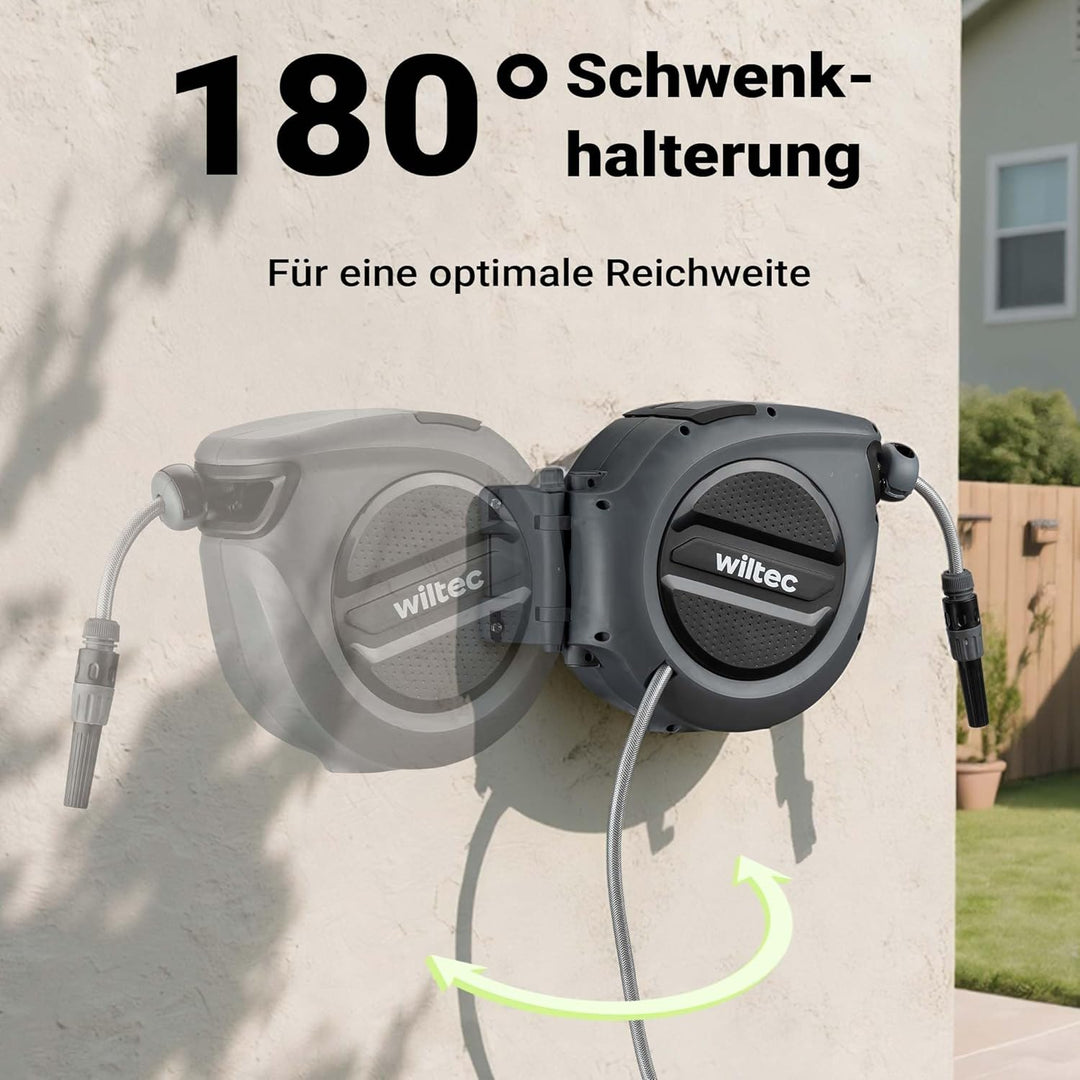 XPOtool Schlauchtrommel, Wand Schlauchbox mit Aufroll-Automatik und 20m Wasserschlauch, Gartenbewäss