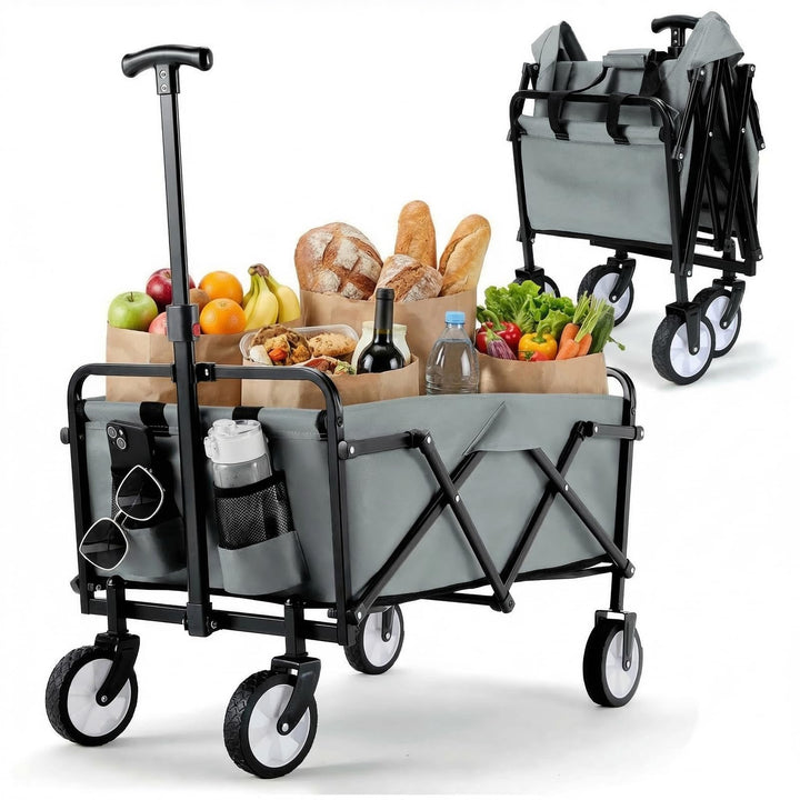Bollerwagen Faltbar Handwagen All Terrain Räder, Gartenwagen mit Getränkehalter verstellbarem Griff,