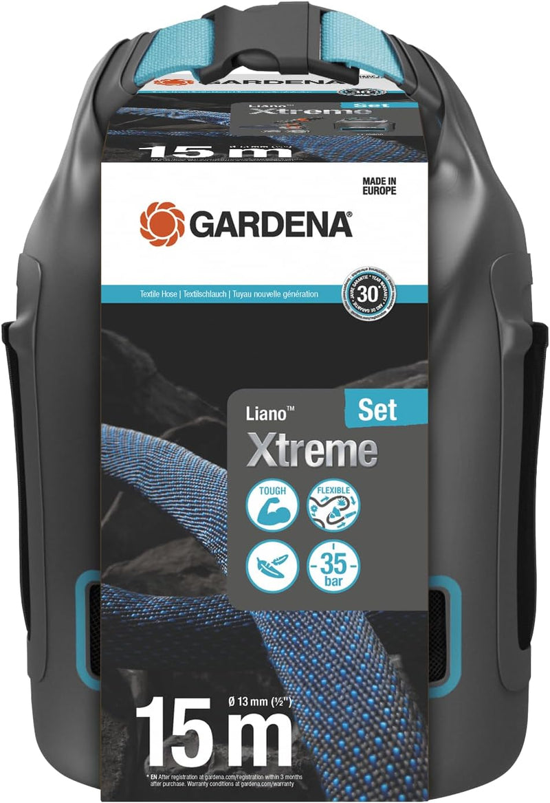 Gardena Liano Xtreme 1/2 Zoll, 15m Set + Tasche: Extrem robuster Gartenschlauch aus Textilgewebe mit