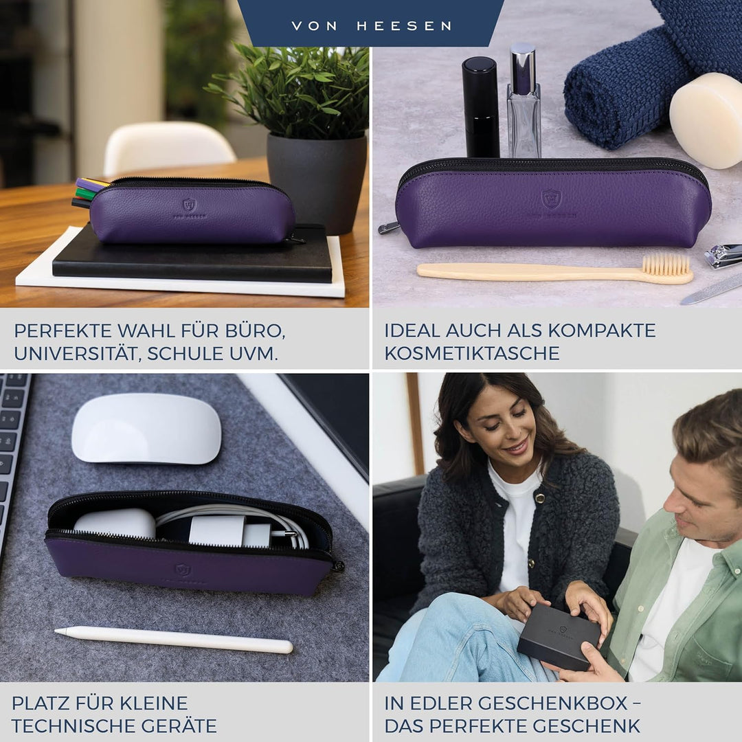 VON HEESEN® Echtleder Federmäppchen Leder Federmappe Etui für Stifte Mäppchen Schule Federtasche Uni