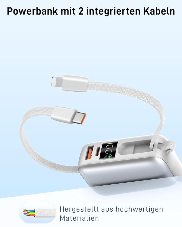 VINKO Powerbank 20.000mAh 22.5W mit integriertem 2 Kabel, High-Speed portables Ladegerät, Klein Powe