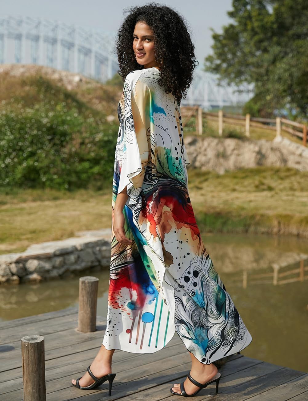 Bsubseach Damen Ethnic Print Kaftan Beach Dress Plus Size Strandkleid Abstrakter Druck, Abstrakter D