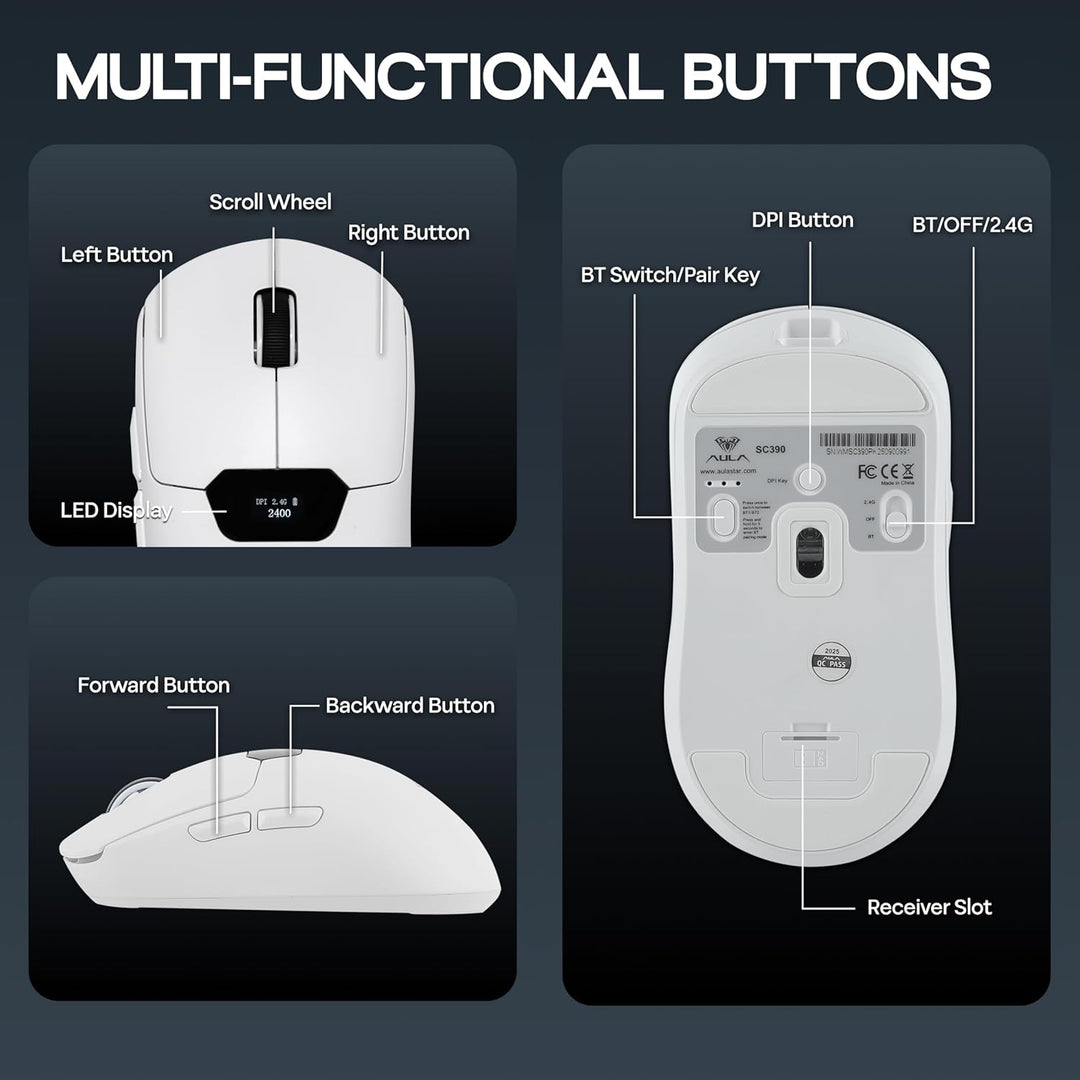 MechLands Aula SC390 – Leichte Gaming-Maus mit Display, kabellose 2,4-GHz-/USB-C-/BT-Maus mit 400-mA