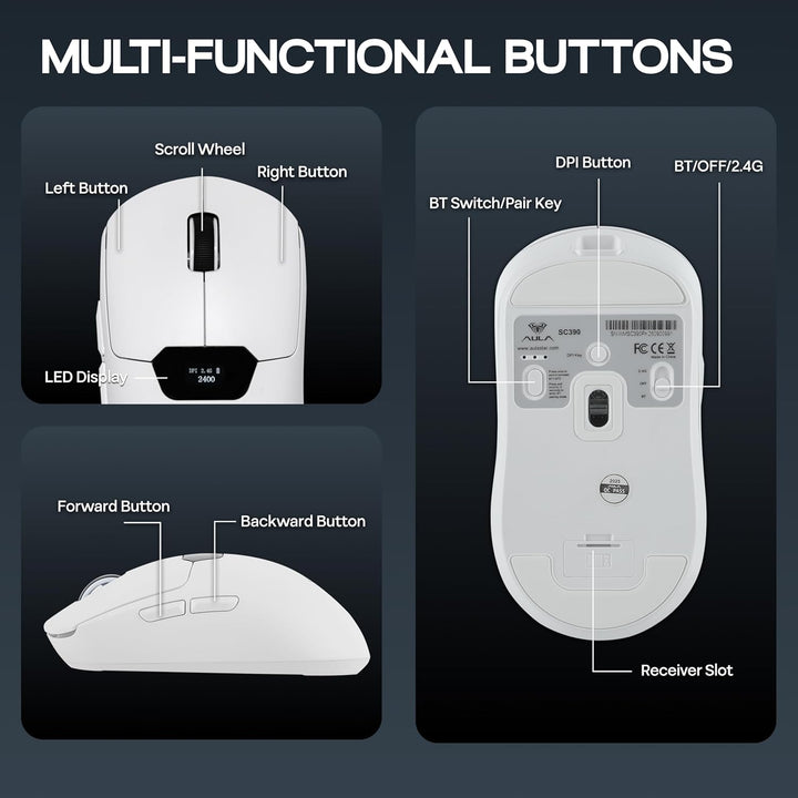 MechLands Aula SC390 – Leichte Gaming-Maus mit Display, kabellose 2,4-GHz-/USB-C-/BT-Maus mit 400-mA