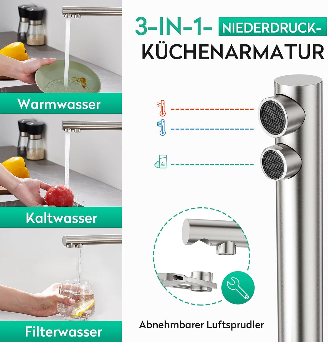 CREA Niederdruck Armatur Küche, 3 Wege Wasserhahn Küche, 360° Drehbar Küchenarmatur, 3 in 1 Mischbat