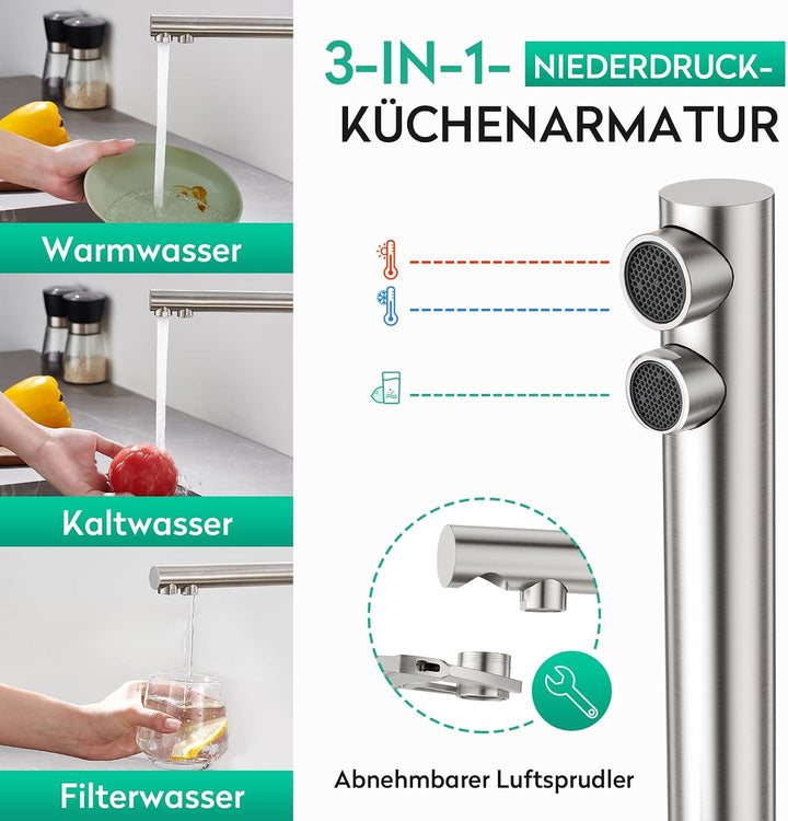 CREA Niederdruck Armatur Küche, 3 Wege Wasserhahn Küche, 360° Drehbar Küchenarmatur, 3 in 1 Mischbat