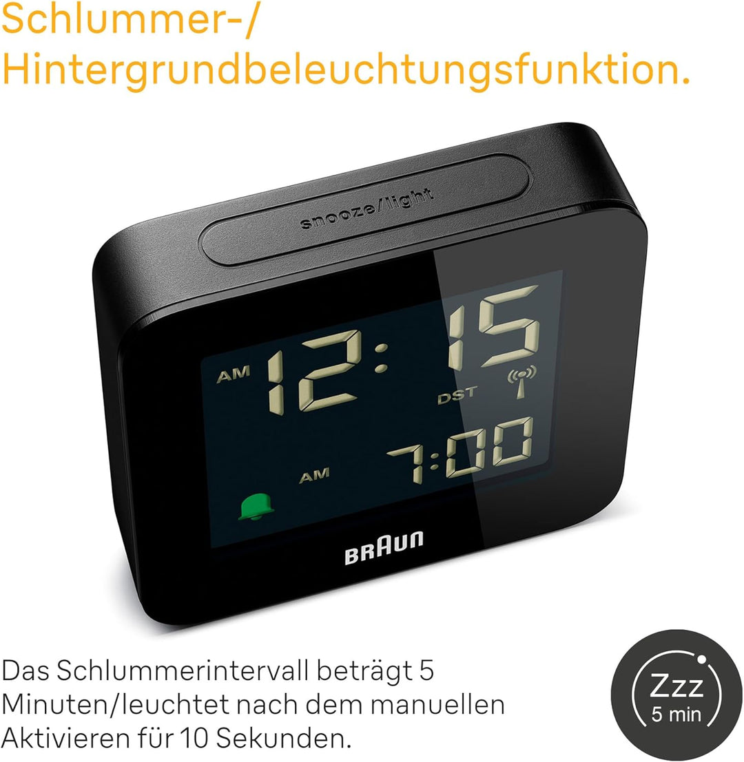 Braun Digitaler Funkwecker Mitteleuropäische Zeitzone (MEZ) mit Schlummerfunktion, Negatives LC-Disp