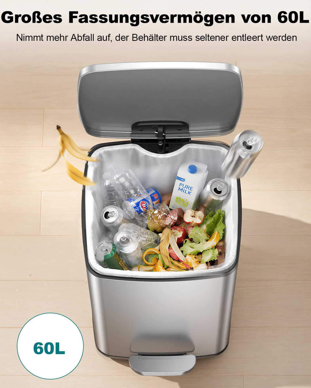 lovewind Mülleimer Küche 60L, Edelstahl Tretmülleimer mit Soft-Close Deckel, Herausnehmbarer Innenei