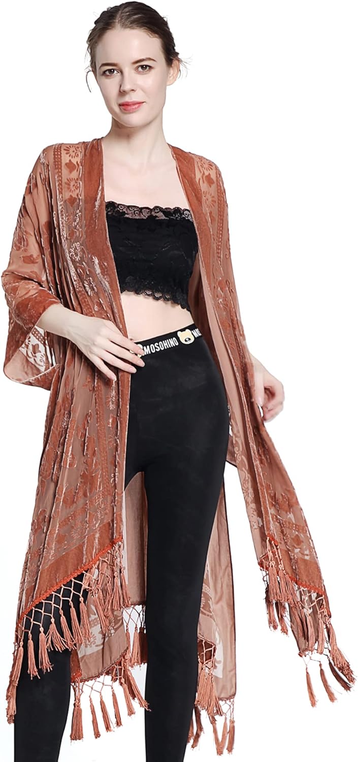 MJ SERECA Damen Burnout Samt Kimono Lange Strickjacke Cover Up Casual Outfit (Herbstblatt), Einheits
