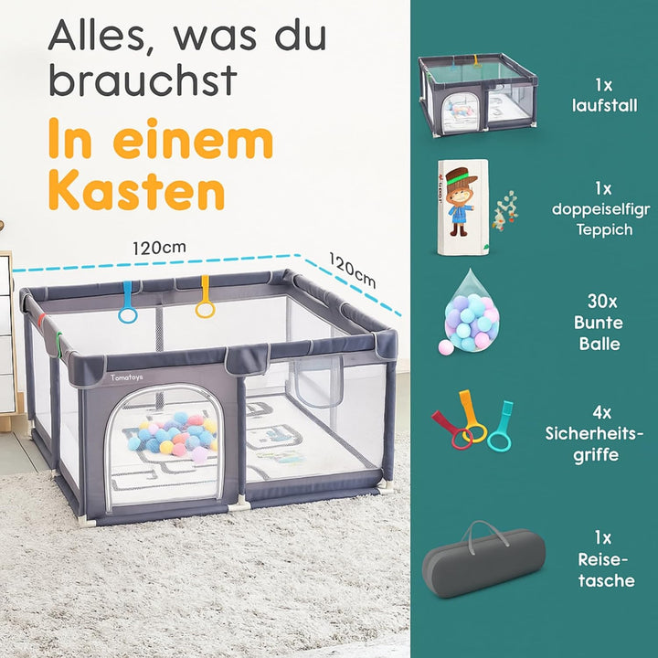 Laufstall für Babys mit Matratze, Bällebad (inkl. 50 Bällen) und 4 Haltegriffen. Laufgitter 124x124c
