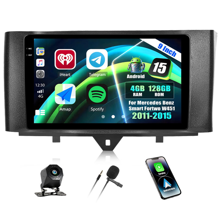 4+128G Android 15 CAMECHO 9 Zoll Autoradio für Mercedes Benz Smart Fortwo W451 2011-2015 mit Wireles