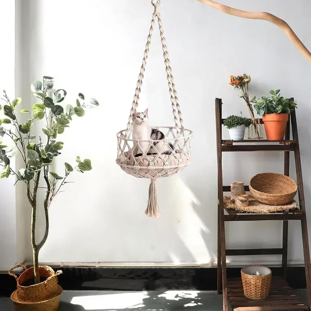 Katzenschaukel, 49 Zoll grosses hängendes Katzenbett mit Baumwollmatte, Hängematte im Boho-Stil mit