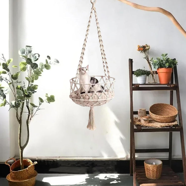 Katzenschaukel, 49 Zoll grosses hängendes Katzenbett mit Baumwollmatte, Hängematte im Boho-Stil mit