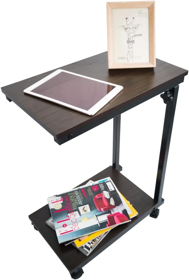 KKTONER Beistelltisch Sofatisch höhenverstellbar Betttisch Kaffeetisch mit Rollen Walnuss Optik