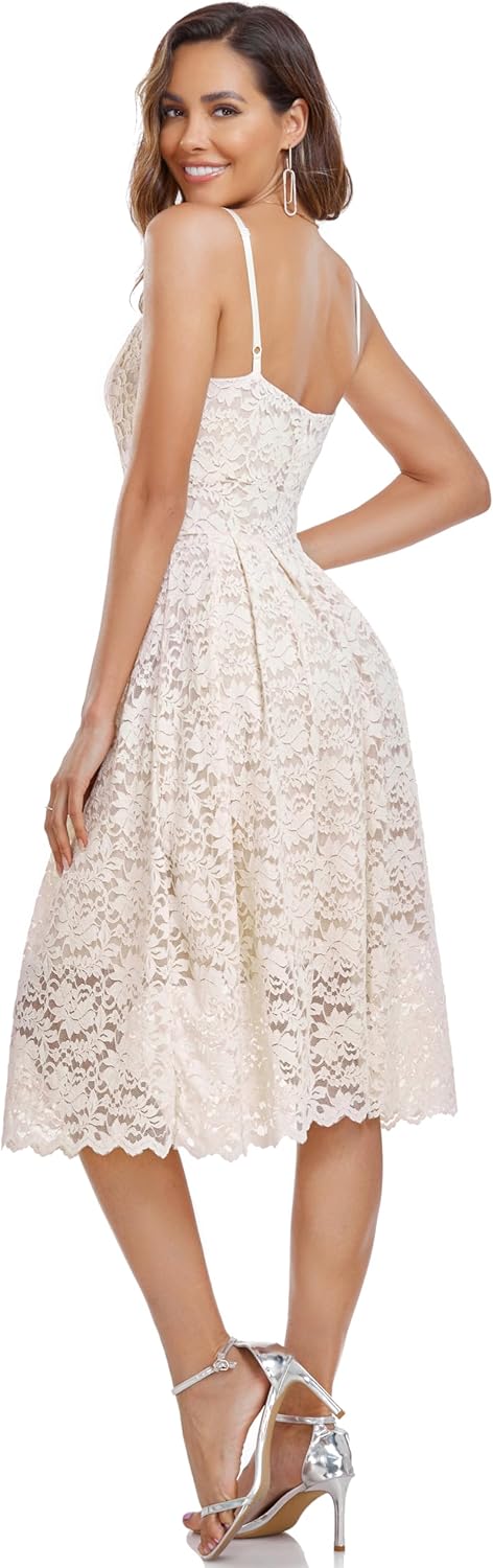 Atnlewhi Damen Vintage ärmellosen V-Ausschnitt A-Linie Kleid Blumen Knielang Spitzenkleid Brautjungf