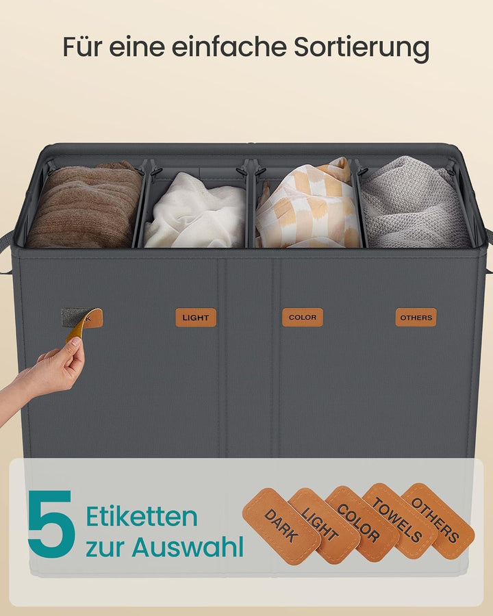 SONGMICS Wäschekorb mit 4 Fächern, 210 L, mit Deckel, 5 Etiketten, herausnehmbarer und waschbarer In