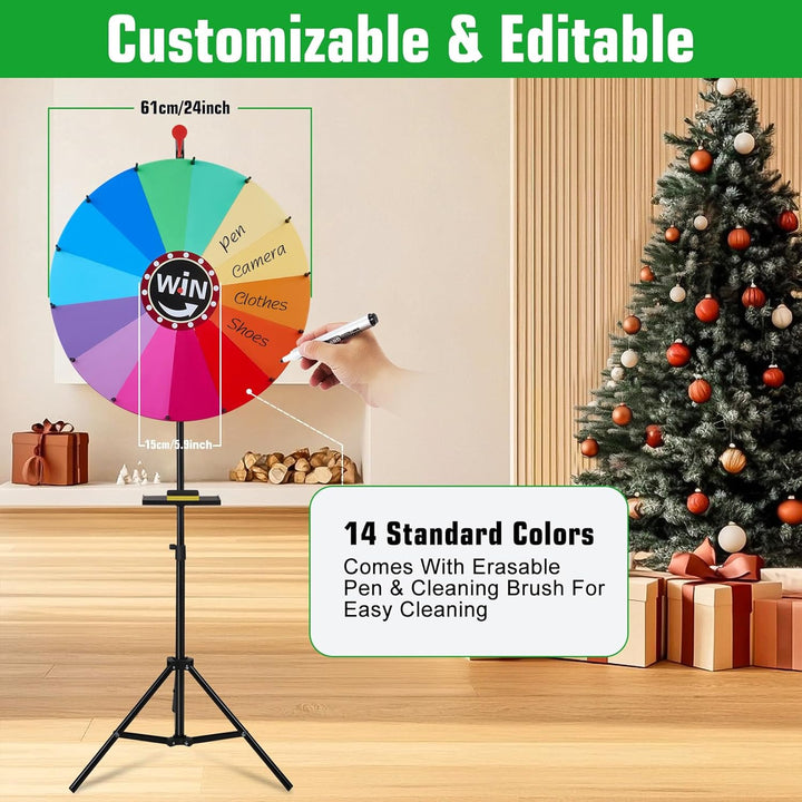 Glücksrad zum Drehen gross 24", Glücksrad mit 14 Steckplätze, Tablett, Radiergummi, Marker, Höhenver