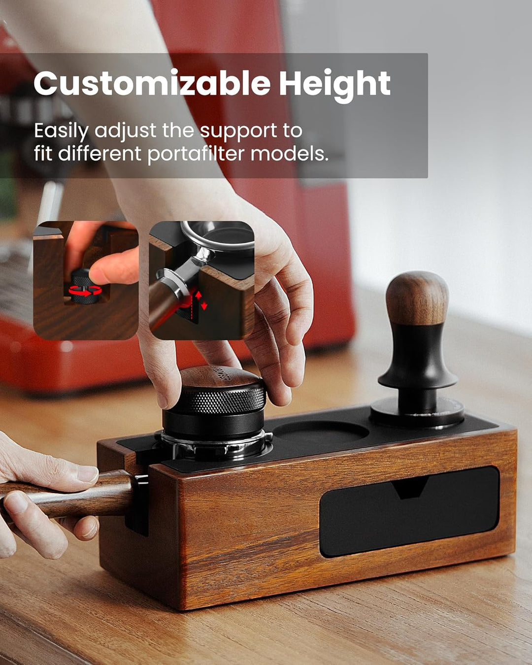 MHW-3BOMBER Espresso-Tampingstation, 4-in-1 Walnuss-Espresso-Organizer-Box mit magnetischer Schublad