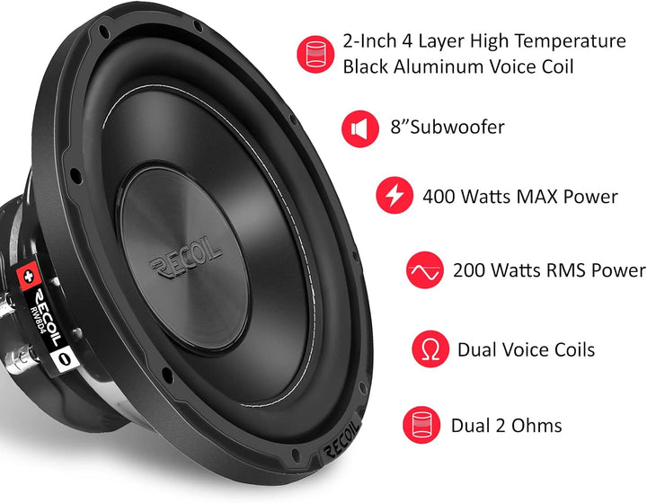 RECOIL IRW8D4 Auto Subwoofer 8 Zoll (20cm) Dual 4 Ohm 400W | 200W RMS, 2" 4-Lagen Schwingspule, Comp