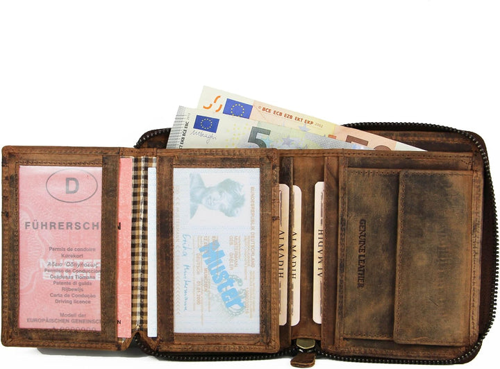 ALMADIH Premium Leder Portemonnaie RFID-Schutz Hochformat mit Reissverschluss 17 Kartenfächer in Ges