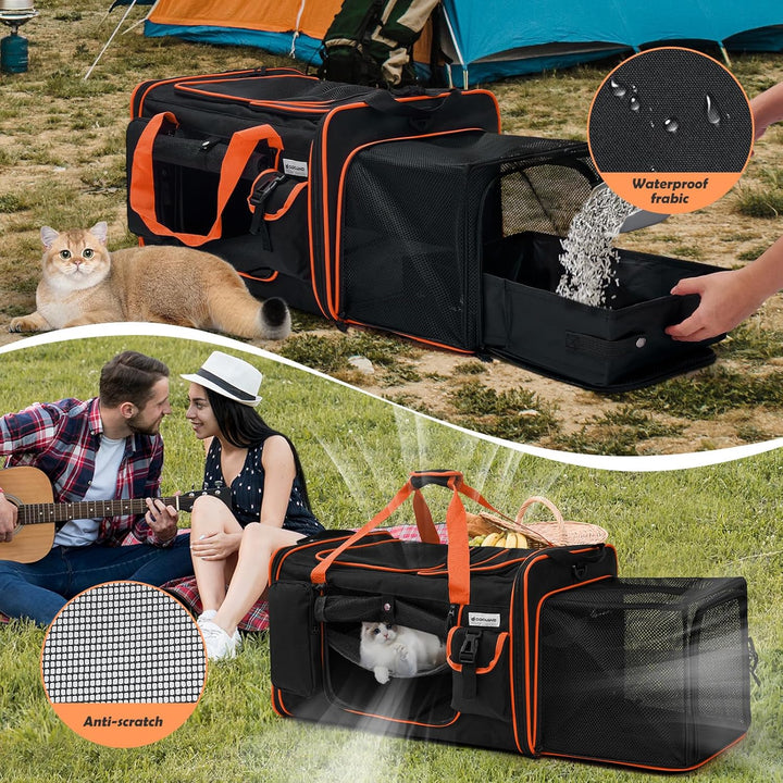Odoland Katzentransportbox für 2 grosse Katzen 60×38×35cm - Faltbar Erweiterbarer Transporttasche Ka