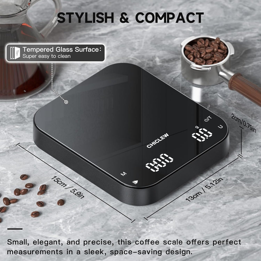 Wiederaufladbare Kaffeewaage mit Timer, 3 kg/0,1g Espresso Waage für Pour-Over Kaffee, 3 Modi & 6 Ei