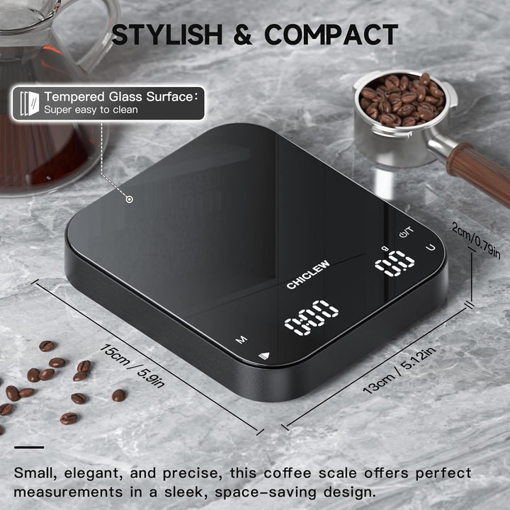 Wiederaufladbare Kaffeewaage mit Timer, 3 kg/0,1g Espresso Waage für Pour-Over Kaffee, 3 Modi & 6 Ei