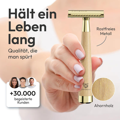 ANYMALE® Rasierhobel mit Griff aus Ahornholz - Set mit Ständer und 5 ASTRA Klingen - Plastikfreier D