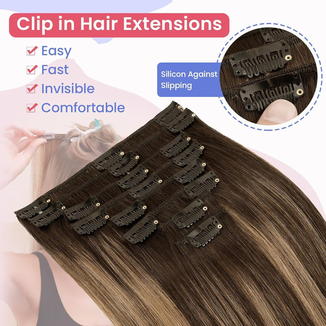 Elailite Extensions Echthaar Clip in 8 Tressen Glatt #2T2P6 Dunkelbraun/Hellbraun, Haarverlängerung