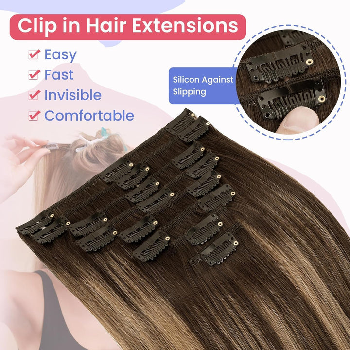 Elailite Extensions Echthaar Clip in 8 Tressen Glatt #2T2P6 Dunkelbraun/Hellbraun, Haarverlängerung