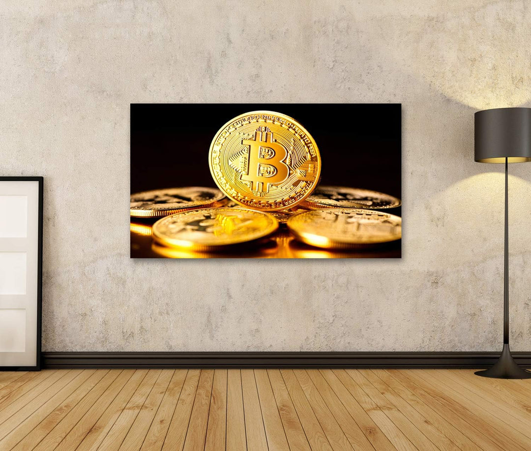 Bild Bilder auf Leinwand Bitcoin Krypto-Währung BTC-Münzen auf schwarzem Hintergrund Blockchain-Tech