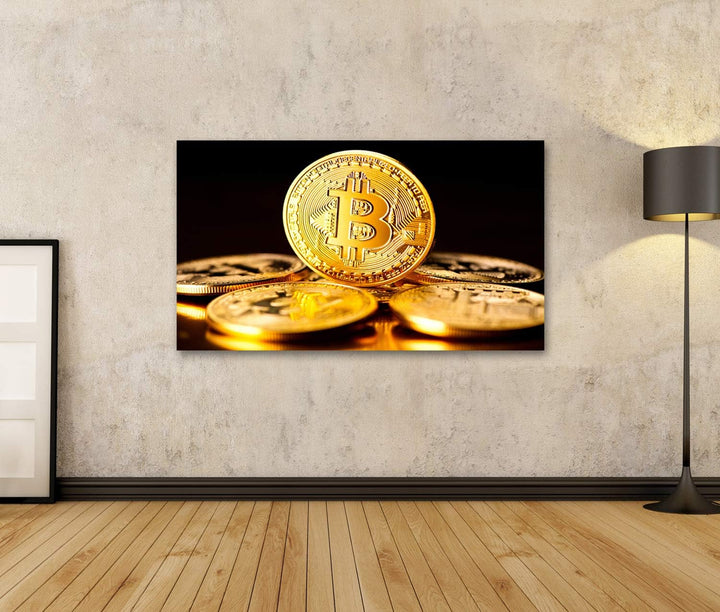 Bild Bilder auf Leinwand Bitcoin Krypto-Währung BTC-Münzen auf schwarzem Hintergrund Blockchain-Tech