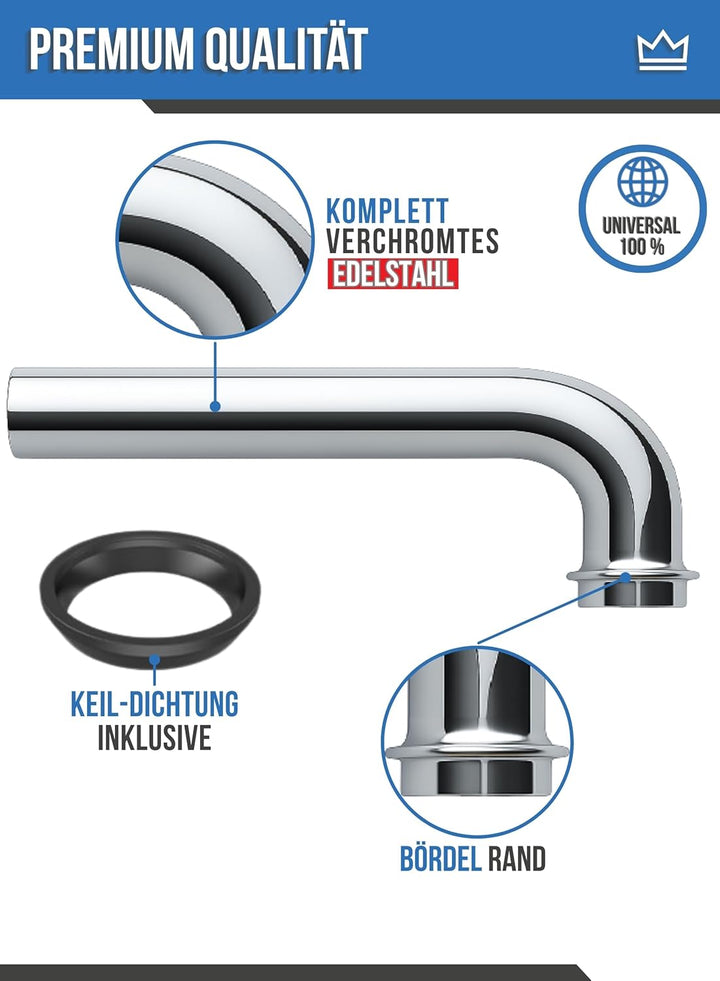 FEINER® Edelstahl Siphon-Wandrohr 90°Bogen, Extra Lang – 1 1/4 Zoll (⌀ 32 mm) x 300 mm, universell p