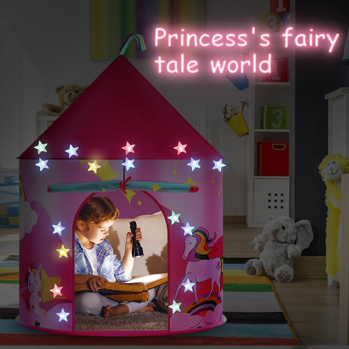 HOTUT Kinder Spielzelt, Prinzessin Zelt Rosa, Kinderzelt Indoor Outdoor mit lichtern und Aufkleber,