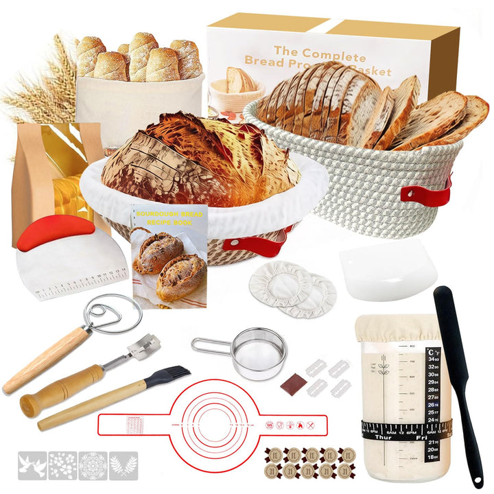Bread Sauerteig Starter Set, Sauerteig Zubehör mit 2 Gärkorb Brot (23cm Runde & 25cm Ovale), 700ml G